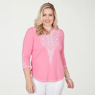 Alfred Dunner Womens Split Crew Neck 3/4 Sleeve T-Shirt