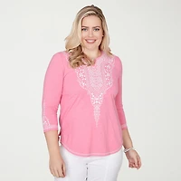 Alfred Dunner Womens Split Crew Neck 3/4 Sleeve T-Shirt