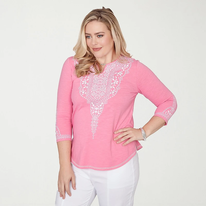 Alfred Dunner Womens Split Crew Neck 3/4 Sleeve T-Shirt