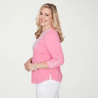 Alfred Dunner Womens Split Crew Neck 3/4 Sleeve T-Shirt