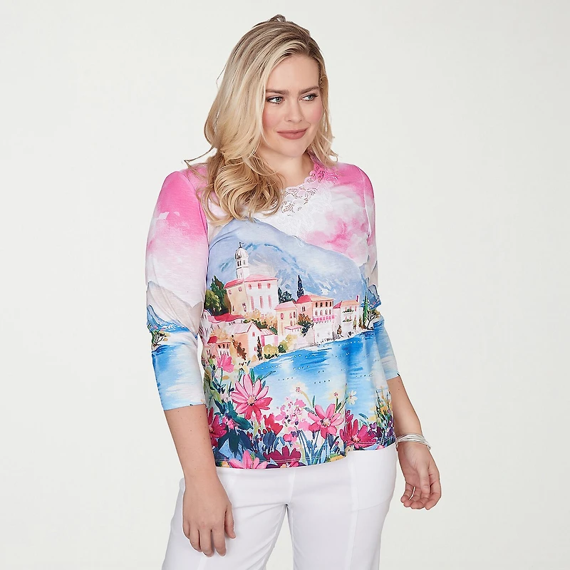 Alfred Dunner Womens Crew Neck 3/4 Sleeve T-Shirt