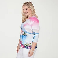 Alfred Dunner Womens Crew Neck 3/4 Sleeve T-Shirt
