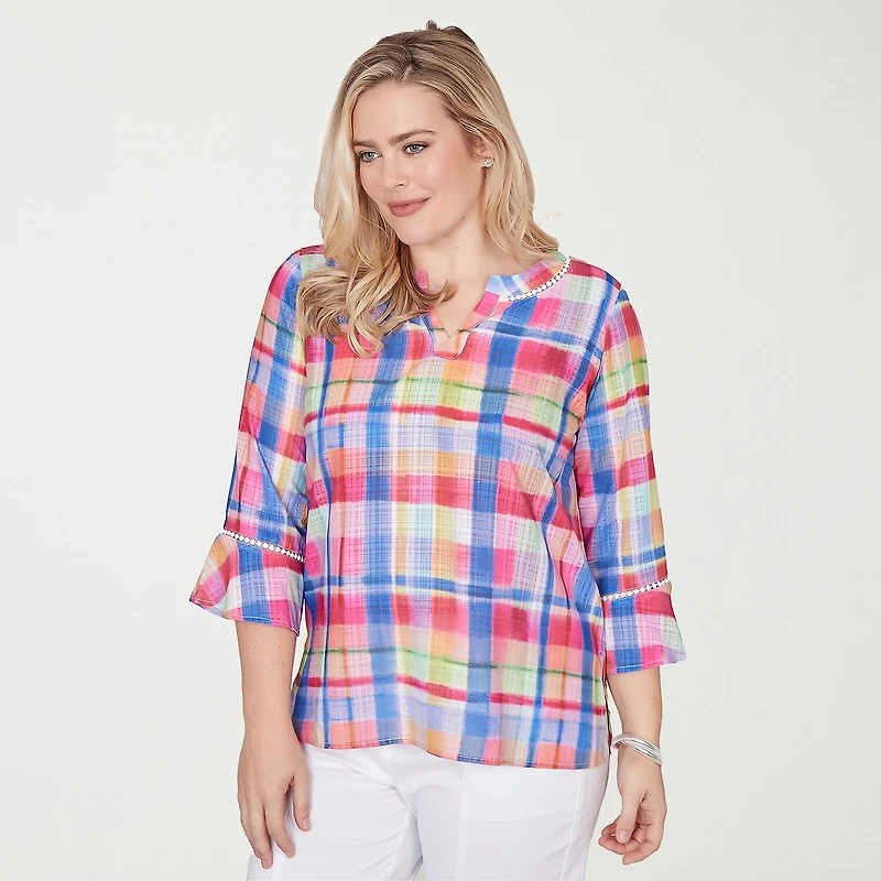 Alfred Dunner Womens Split Crew Neck 3/4 Sleeve Blouse