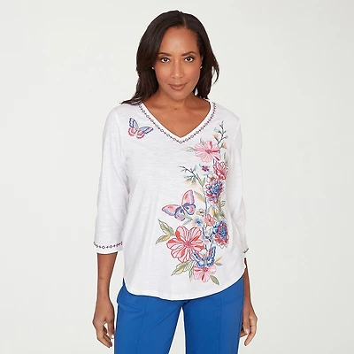 Alfred Dunner Womens V Neck 3/4 Sleeve T-Shirt