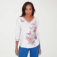 Alfred Dunner Womens V Neck 3/4 Sleeve T-Shirt