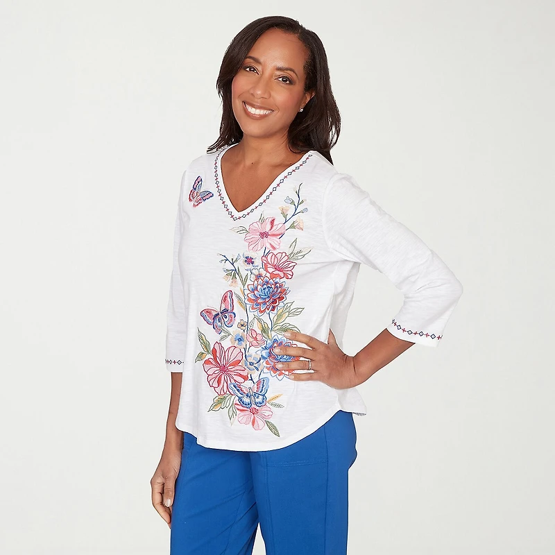 Alfred Dunner Womens V Neck 3/4 Sleeve T-Shirt