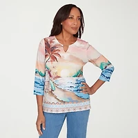 Alfred Dunner Beachcomber Womens Keyhole Neck 3/4 Sleeve T-Shirt