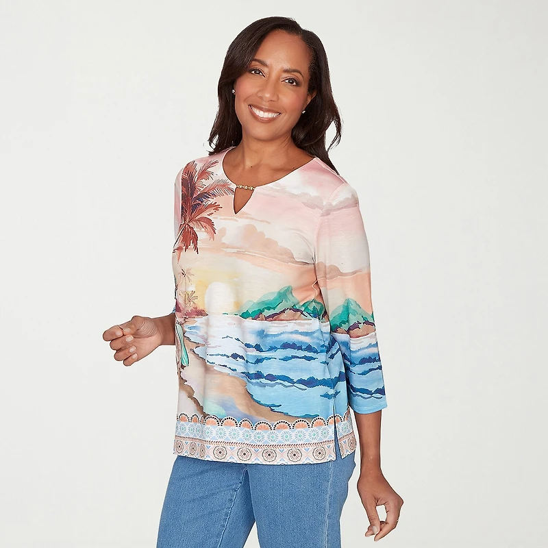 Alfred Dunner Beachcomber Womens Keyhole Neck 3/4 Sleeve T-Shirt
