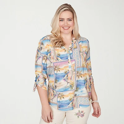 Alfred Dunner Beachcomber Womens V Neck 3/4 Sleeve Blouse