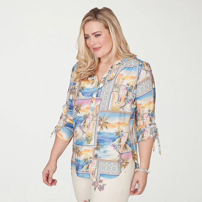 Alfred Dunner Beachcomber Womens V Neck 3/4 Sleeve Blouse