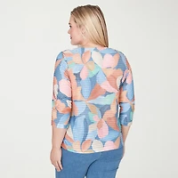 Alfred Dunner Beachcomber Womens V Neck 3/4 Sleeve T-Shirt