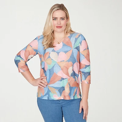 Alfred Dunner Beachcomber Womens V Neck 3/4 Sleeve T-Shirt