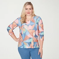 Alfred Dunner Beachcomber Womens V Neck 3/4 Sleeve T-Shirt