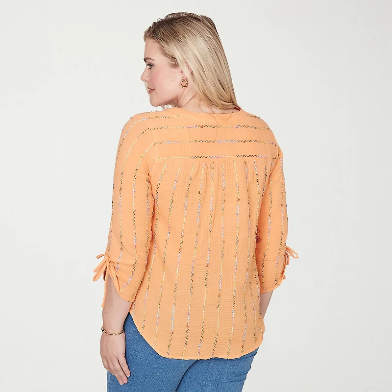 Alfred Dunner Beachcomber Womens Split Crew Neck 3/4 Sleeve Blouse