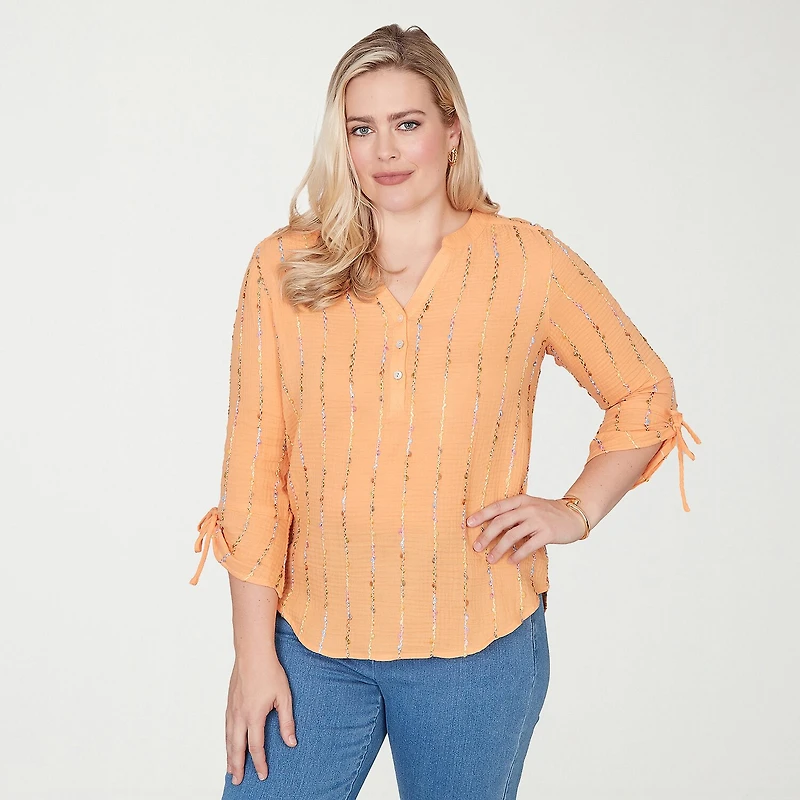 Alfred Dunner Beachcomber Womens Split Crew Neck 3/4 Sleeve Blouse