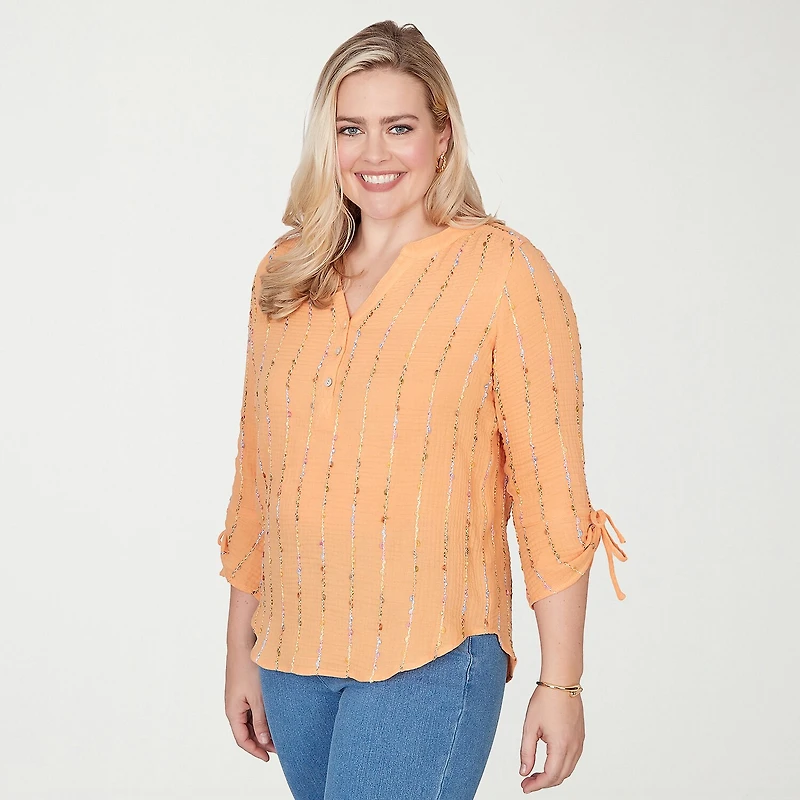Alfred Dunner Beachcomber Womens Split Crew Neck 3/4 Sleeve Blouse