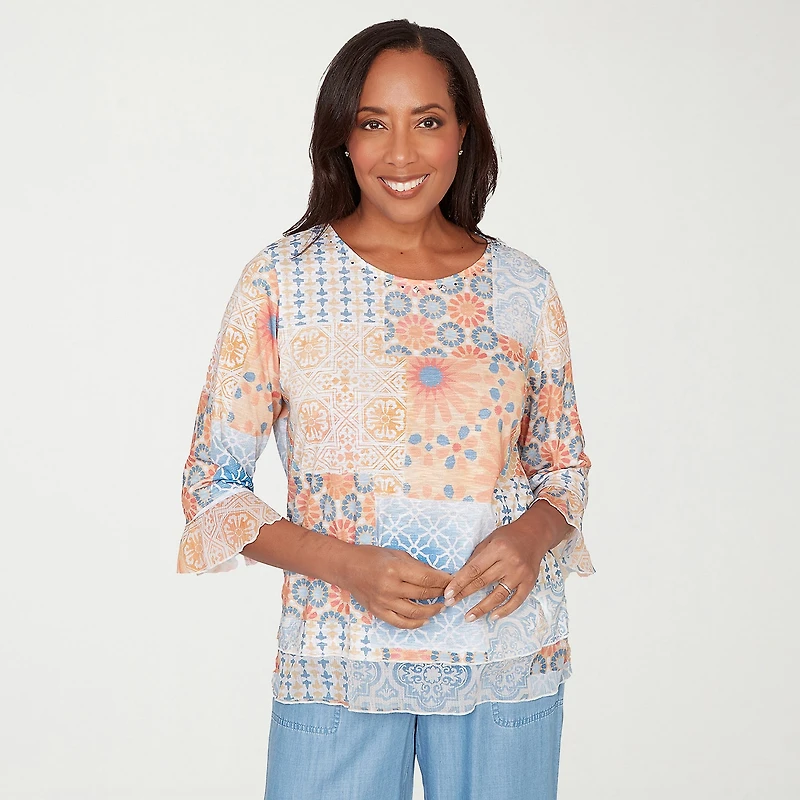 Alfred Dunner Beachcomber Womens Crew Neck 3/4 Sleeve T-Shirt