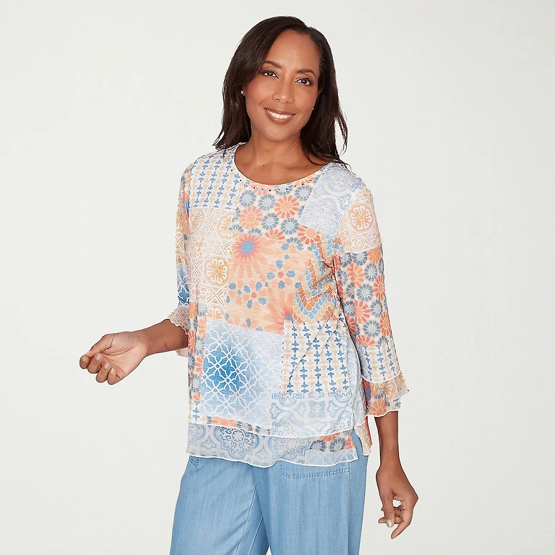 Alfred Dunner Beachcomber Womens Crew Neck 3/4 Sleeve T-Shirt