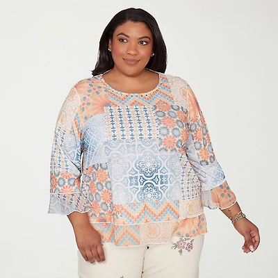 Alfred Dunner Beachcomber Womens Plus Crew Neck 3/4 Sleeve T-Shirt