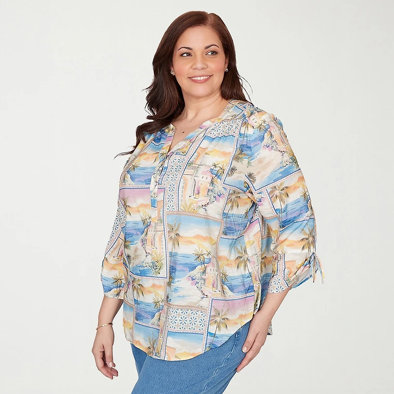 Alfred Dunner Beachcomber Womens Plus Split Crew Neck 3/4 Sleeve Blouse