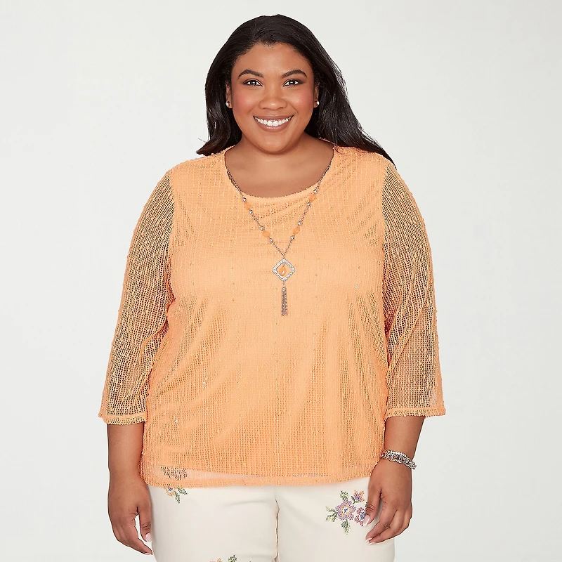 Alfred Dunner Beachcomber Womens Plus Crew Neck 3/4 Sleeve T-Shirt