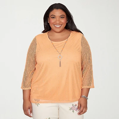Alfred Dunner Beachcomber Womens Plus Crew Neck 3/4 Sleeve T-Shirt