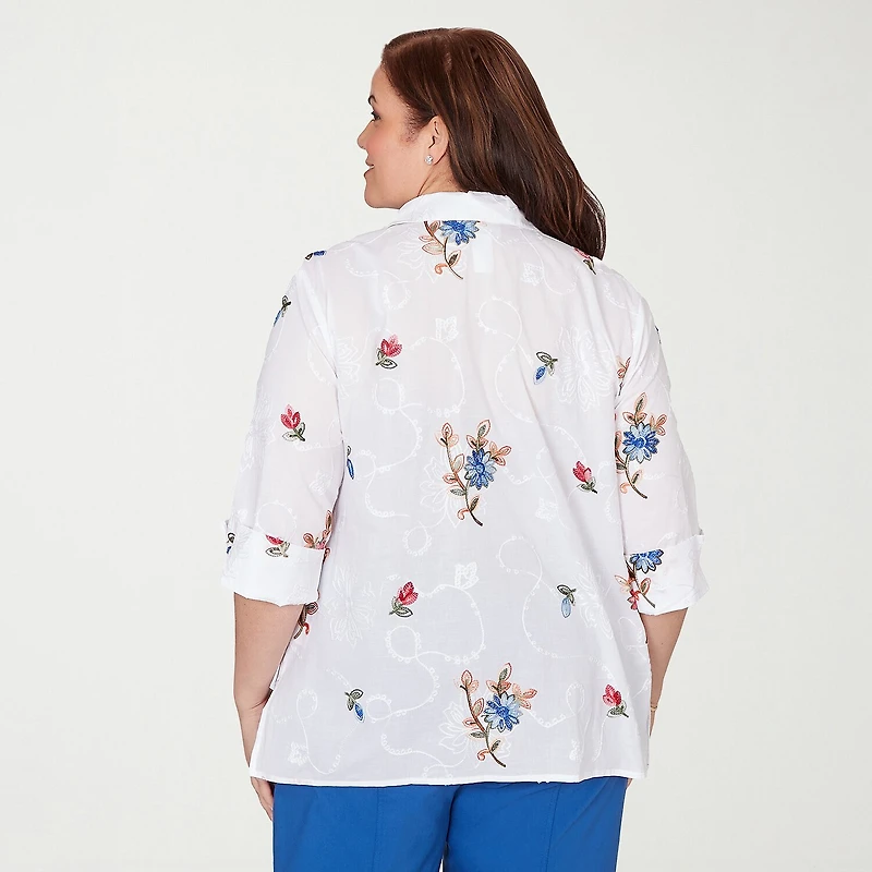 Alfred Dunner Womens Plus Cuffed 3/4 Sleeve Regular Fit Embroidered Button-Down Shirt