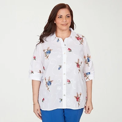 Alfred Dunner Womens Plus Cuffed 3/4 Sleeve Regular Fit Embroidered Button-Down Shirt