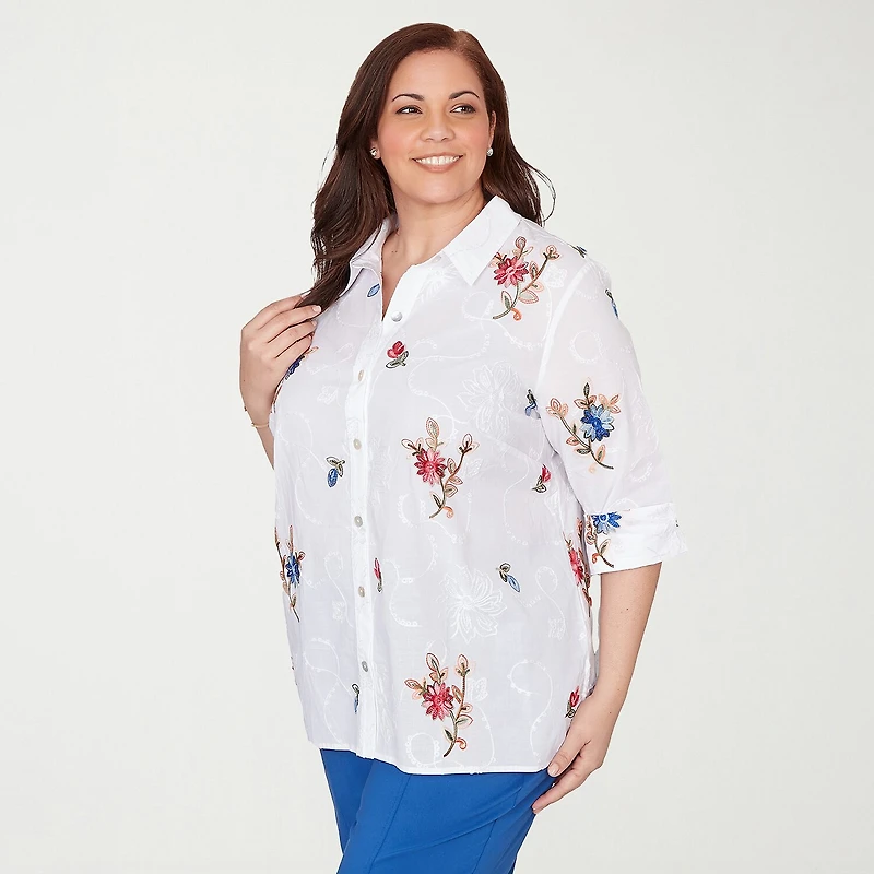 Alfred Dunner Womens Plus Cuffed 3/4 Sleeve Regular Fit Embroidered Button-Down Shirt