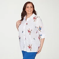 Alfred Dunner Womens Plus Cuffed 3/4 Sleeve Regular Fit Embroidered Button-Down Shirt