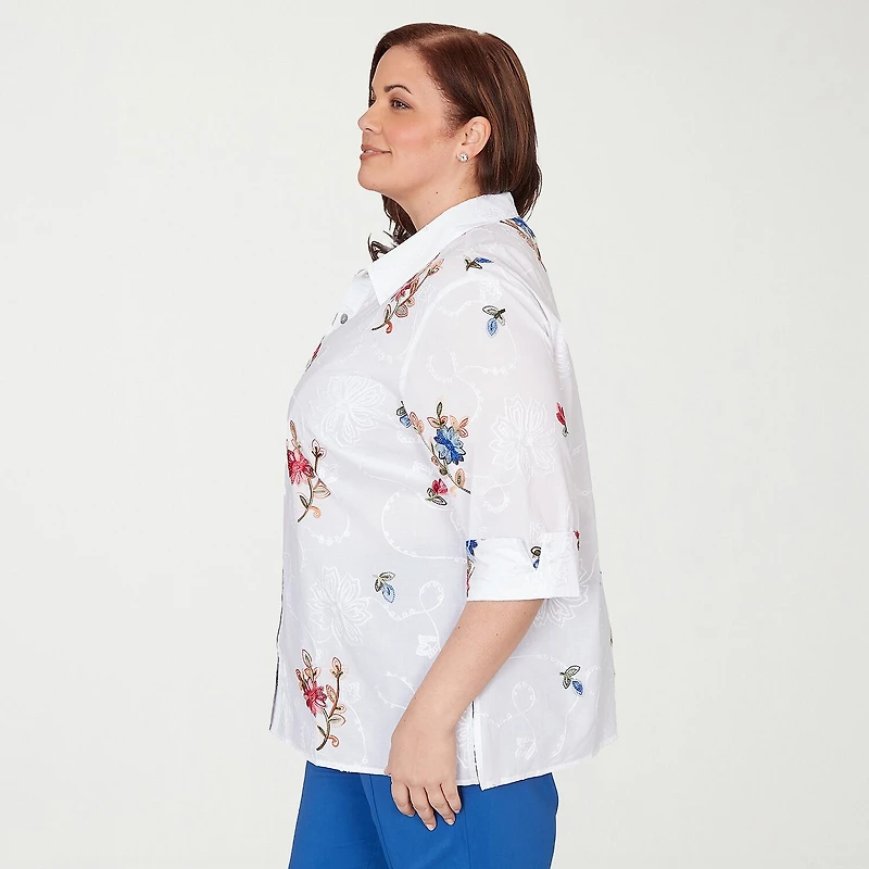 Alfred Dunner Womens Plus Cuffed 3/4 Sleeve Regular Fit Embroidered Button-Down Shirt