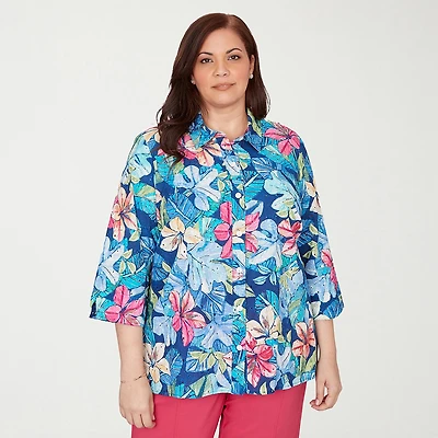 Alfred Dunner Womens Plus Cuffed 3/4 Sleeve Regular Fit Button-Down Shirt