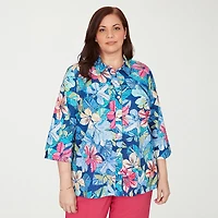Alfred Dunner Womens Plus Cuffed 3/4 Sleeve Regular Fit Button-Down Shirt