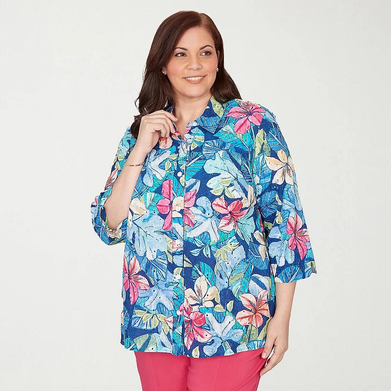 Alfred Dunner Womens Plus Cuffed 3/4 Sleeve Regular Fit Button-Down Shirt