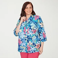 Alfred Dunner Womens Plus Cuffed 3/4 Sleeve Regular Fit Button-Down Shirt