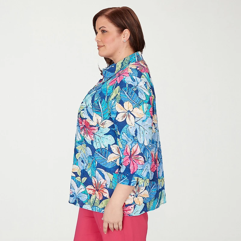 Alfred Dunner Womens Plus Cuffed 3/4 Sleeve Regular Fit Button-Down Shirt