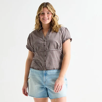 Forever 21 Womens Juniors Plus Short Sleeve Regular Fit Button-Down Shirt
