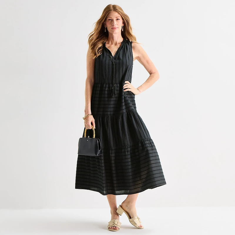 Liz Claiborne Womens Midi V Neck Sleeveless Peasant Dress