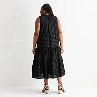 Liz Claiborne Womens Plus Midi V Neck Sleeveless Peasant Dress