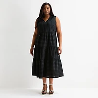 Liz Claiborne Womens Plus Midi V Neck Sleeveless Peasant Dress