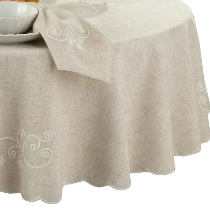 Lenox French Perle Linen Embroidered 70" Round Tablecloth