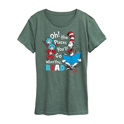 Oh Places Youll Go When You Read Womens Scoop Neck Short Sleeve Classic Fit Dr. Seuss Graphic T-Shirt