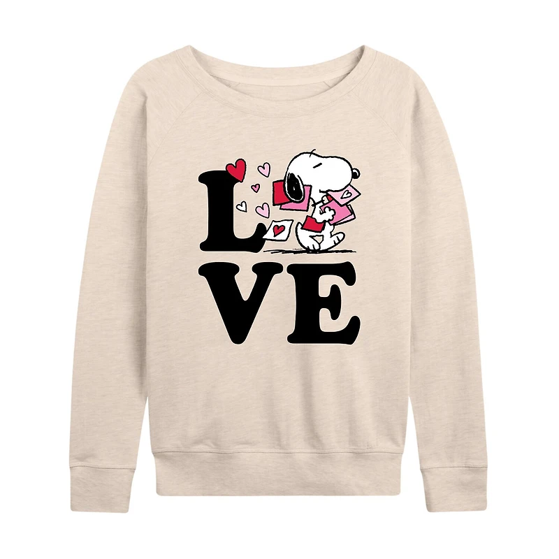 Love Snoopy Womens Boat Neck Long Sleeve Classic Fit Peanuts Graphic T-Shirt