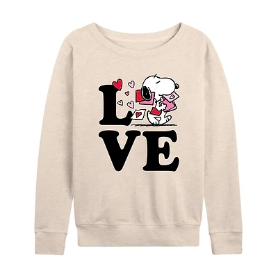 Love Snoopy Womens Boat Neck Long Sleeve Classic Fit Peanuts Graphic T-Shirt