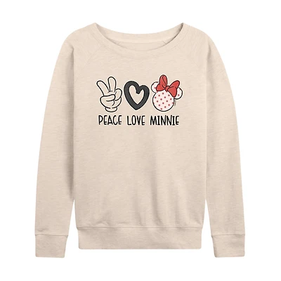 Peace Love Womens Boat Neck Long Sleeve Classic Fit Minnie Mouse Graphic T-Shirt