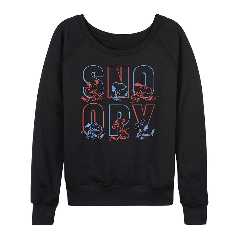 Hockey Snoopy Womens Boat Neck Long Sleeve Classic Fit Peanuts Graphic T-Shirt