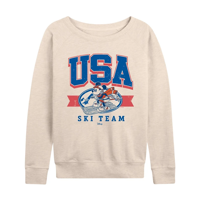 Usa Ski Team Womens Boat Neck Long Sleeve Classic Fit Mickey Mouse Graphic T-Shirt