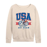 Usa Ski Team Womens Boat Neck Long Sleeve Classic Fit Mickey Mouse Graphic T-Shirt