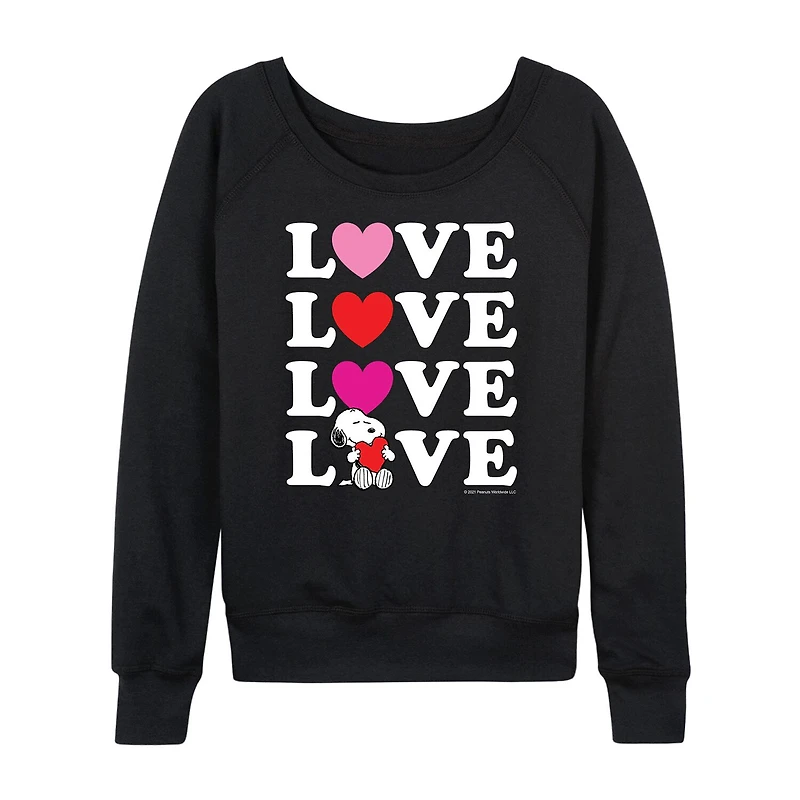 Peanuts Snoopy Love Stacked Womens Boat Neck Long Sleeve Classic Fit Graphic T-Shirt
