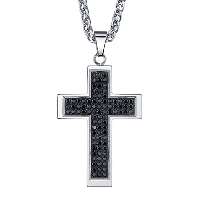 Mens Stainless Steel & Black Cubic Zirconia Cross Pendant Necklace